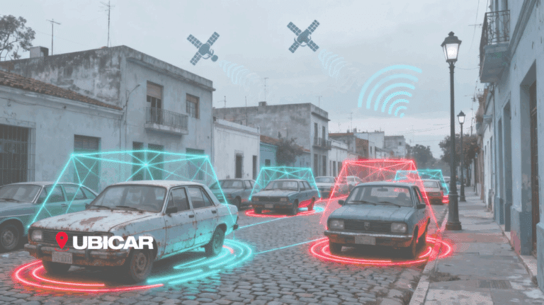 "Ilustración de autos antiguos en Argentina con tecnología GPS de Ubicar, mostrando cómo proteger vehículos de más de 10 años con rastreo satelital y seguridad avanzada."